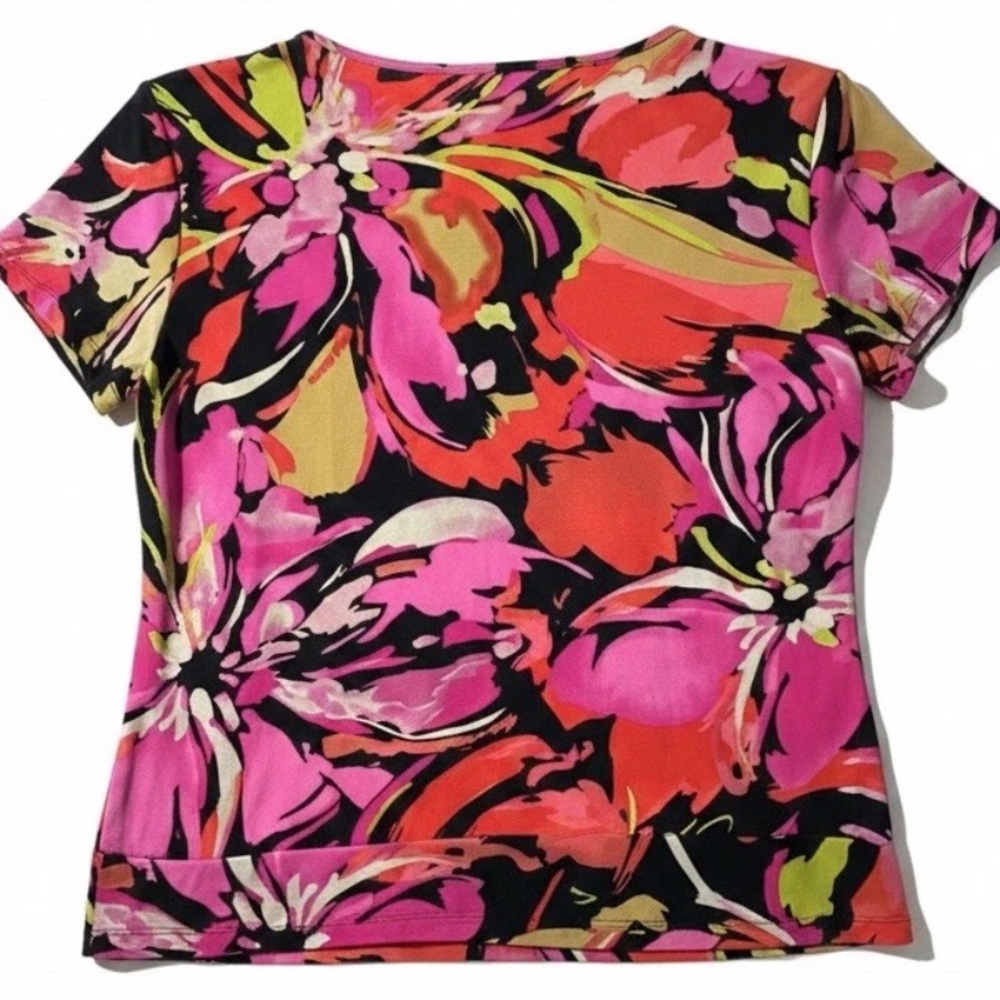 Notations Black Floral Ruffle Front Short Sleeve Top with Pink and Coral Flowers - Picture 2 of 3